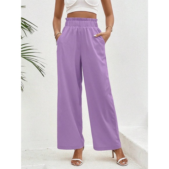 Cream boho Paperbag Waist Slant Pocket high waist Wide Leg Pants - Picture 8 of 11